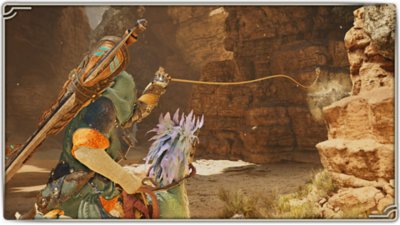Monster Hunter Wilds screenshot showing a hunter using a Slinger to grab supplies from a distance.