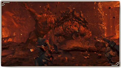 Monster Hunter Wilds screenshot showing hunters battling two Ajarakan.