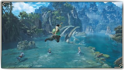 Monster Hunter Wilds screenshot showing a hunter using their Slinger to swing on a Wedge Beetle.