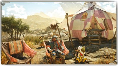 Monster Hunter Wilds screenshot showing a hunter and Palico resting at a pop-up camp.