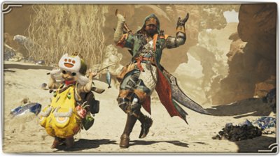 Monster Hunter Wilds screenshot showing a hunter and Palico performing the Prance gesture.