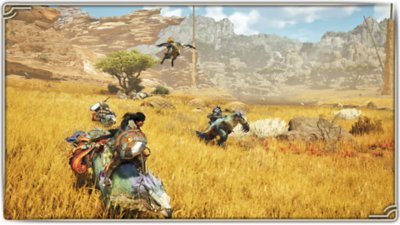 Monster Hunter Wilds screenshot showing a group of hunters riding Seikrets across the Windward Plains.