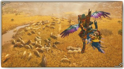 Monster Hunter Wilds screenshot showing a hunter gliding on their Seikret over the Windward Plains.