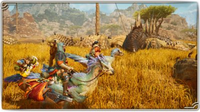 Monster Hunter Wilds screenshot showing a hunter riding their mount through a crowd of docile creatures in a desert environment.