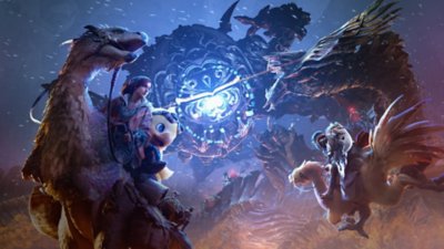 Monster Hunter Wilds Title Update 3 key art featuring Alma and a Chocobo riding on a Seikret. 