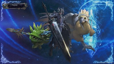 Monster Hunter Wilds screenshot showing the hunter and their companions in Final Fantasy-themed outfits.