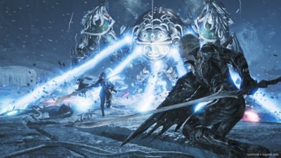 Monster Hunter Wilds screenshot showing hunters battling the monster Omega Planetes.