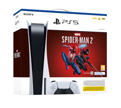 Spider-Man 2 – PS5-Bundle-Verpackung. Die Box enthält Bilder von der Konsole, dem Controller und Charakteren.