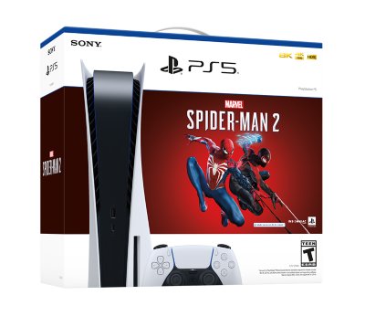 Spider-Man 2 PS5 bundle packaging. Box contains images of console, controller and characters.