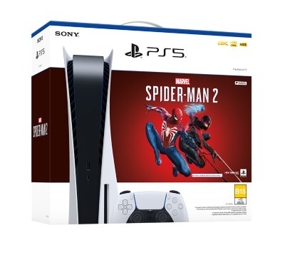 Paquete de PS5 de Marvel's Spider-Man 2. La caja contiene imágenes de la consola, el mando y los personajes.