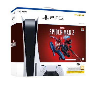 Conjunto da PS5 com Spider-Man 2. A caixa contém imagens da consola, do comando e de personagens.