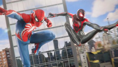 Peter Parker and Miles Morales jump off the side of a building.