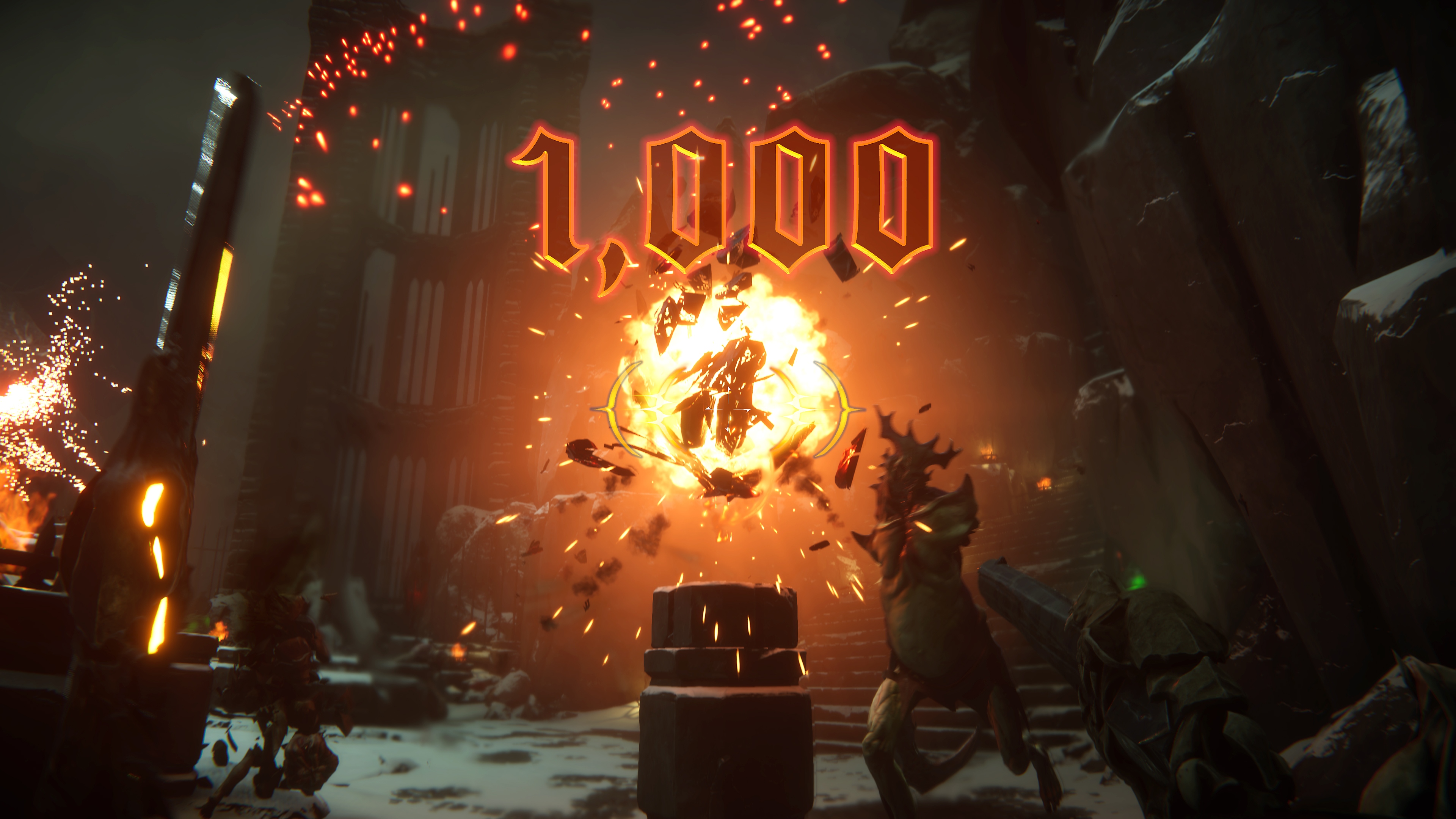 Metal: Hellsinger – Screenshot, der eine große Explosion in der Mitte und einen Punktestand von 1.000 auf dem Bildschirm zeigt