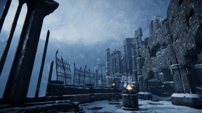 Metal: Hellsinger – zrzut ekranu przedstawiający pokryte śniegiem otoczenie z fortecą.