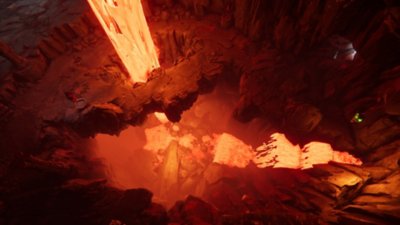 Metal: Hellsinger – Screenshot, der eine brodelnde Kluft voller flüssiger Lava zeigt
