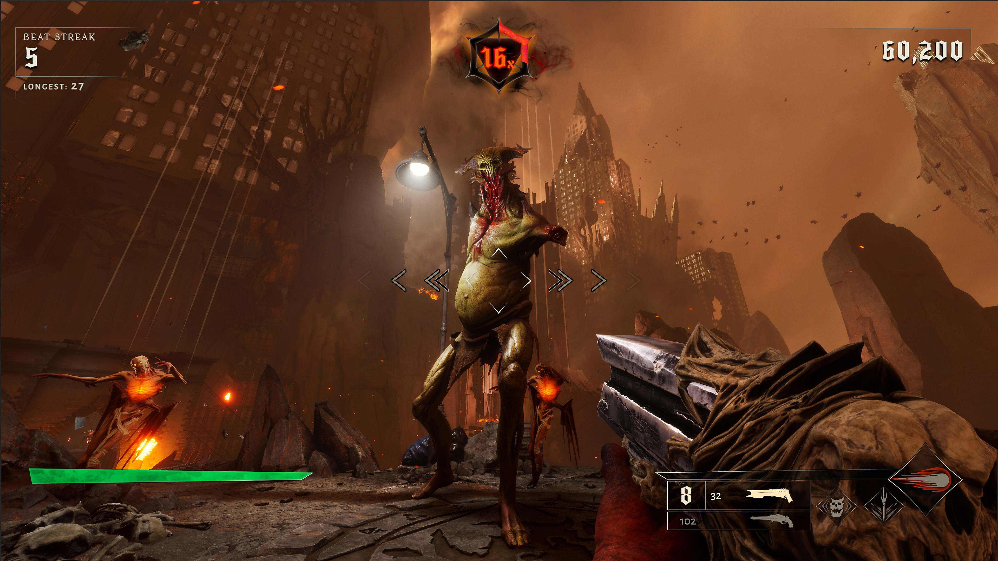 Captura de pantalla de Metal: Hellsinger que muestra a un demonio alto y mutilado al que le faltan miembros y partes del cuerpo.