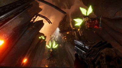 Metal: Hellsinger screenshot featuring a horde of skeletal demons rushing toward the player.