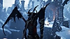 Metal: Hellsinger – снимок экрана, на котором изображено крылатое существо в бесплодной заснеженной местности.