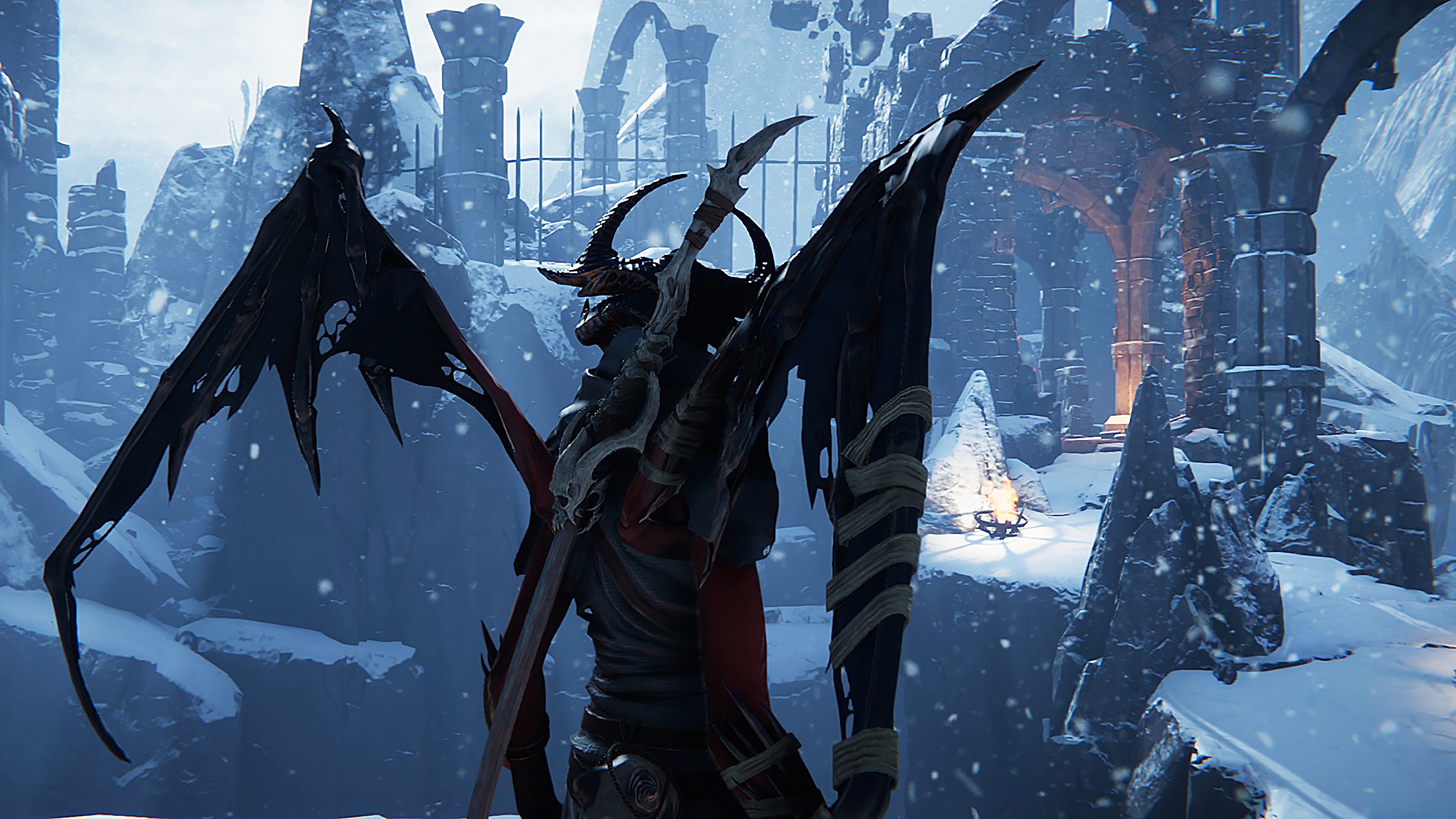 《Metal:Hellsinger》螢幕截圖，描繪一個帶翅膀的生物置身於白雪覆蓋的荒涼環境。