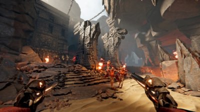 Screenshot von Metal: Hellsinger – Screenshot, der eine Horde skelettartiger Dämonen zeigt, die auf den Spieler zukommen