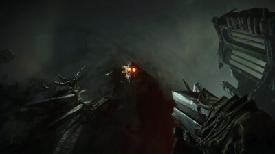 Metal: Hellsinger - captura de ecrã com um demónio com uma cara de caveira coberta de fumo.