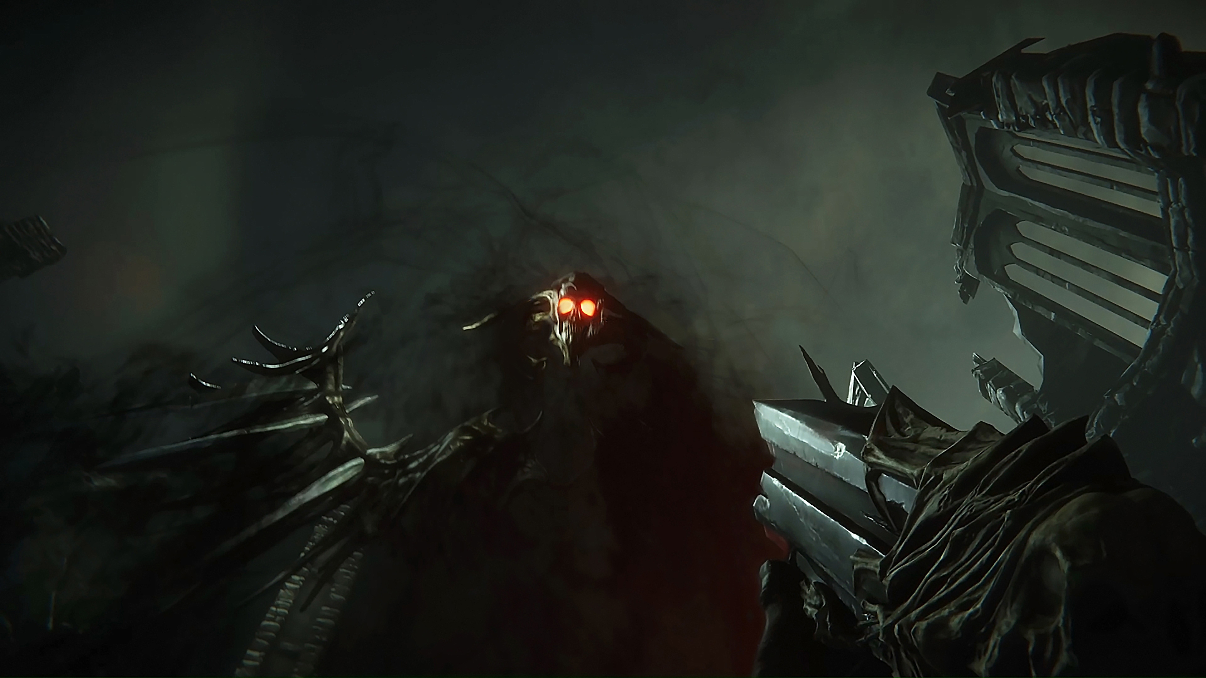 Captura de pantalla de Metal: Hellsinger que muestra a un demonio similar al humo, con cara de calavera