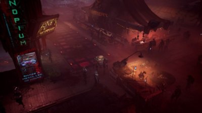 Miasma Chronicles screenshot showing people gathered in a neon-drenched but dilapidated futuristic city