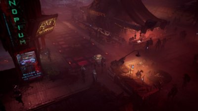 Miasma Chronicles ネオンの光に包まれた荒廃した未来の都市に集まる人々のスクリーンショット