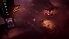Miasma Chronicles screenshot showing people gathered in a neon-drenched but dilapidated futuristic city