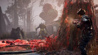 Miasma Chronicles screenshot showing Elvis leaning out of cover in a forest as he fires at a giant tree-like enemy