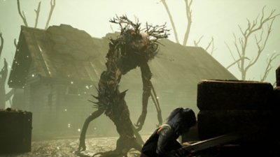 Miasma Chronicles screenshot showing a young woman hiding as a towering tree-like behemoth skulks across the desert