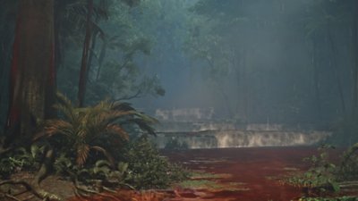 Monster Hunter Wilds screenshot showing red river and green foliage in the Scarlet Forest