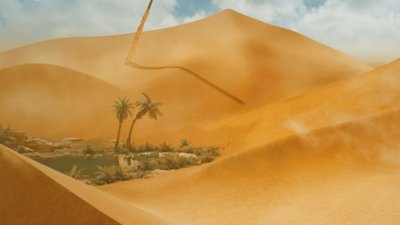 Monster Hunter Wilds screenshot showing an oasis surrounded by sand dunes in the Windward Plains