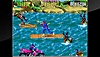 Gameplay aus Mystic Warriors, dass den Hauptcharakter zeigt, der auf einem Floß kämpft