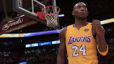 Captura de pantalla de NBA 2K24 que muestra a Kobe Bryant celebrando.
