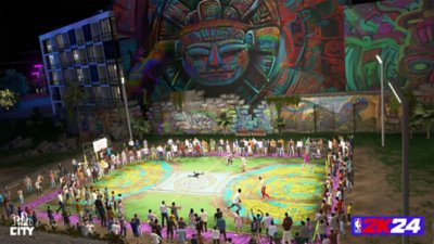 NBA 2K24 – Screenshot, der ein neonfarbenes, mit Aztekenmotiven gestaltetes Spielfeld in The City zeigt