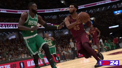 Captura de pantalla de NBA 2K24 que muestra a Donovan Mitchell enfrentando a un jugador de Boston Celtics.