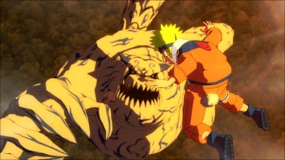 Captura de pantalla de Naruto X Boruto que muestra a Naruto enfrentándose a un demonio gigante del tamaño de un bosque