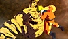 Screenshot van Naruto x Boruto met Naruto die het opneemt tegen een gigantische demon, zo groot als een bos