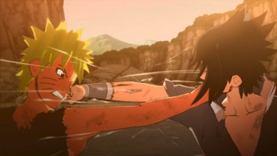 Captura de pantalla de Naruto X Boruto que muestra a Naruto y Sasuke luchando