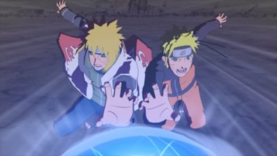 Captura de pantalla de Naruto X Boruto que muestra a Naruto combinando sus poderes con los de otro guerrero