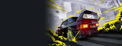 Arte promocional de Need for Speed Unbound mostrando um Mercedes customizado cercado por fumaça preta e amarela ao estilo grafite