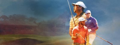 PGA 2K25 hero artwork showing three golfers in a painted style