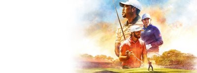 PGA Tour 2K25 hero image showing Tiger Woods, Matt Fitzpatrick and Max Homa