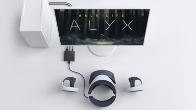 PS VR-pc-adapter verbonden met een headset. Op het scherm staat Half Life Alyx