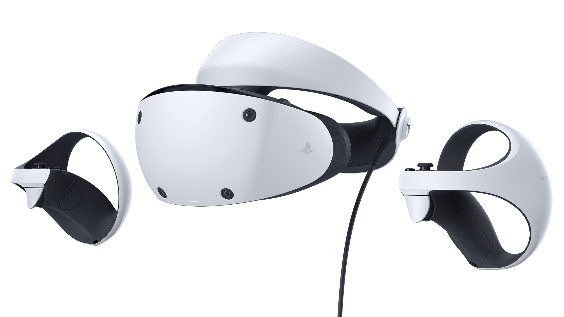 Obrázek soupravy PlayStation VR2 a ovladačů Sense