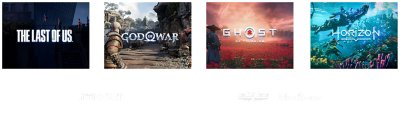 Last of Us Logo, God of War Logo, Ghost of Tsushima Logo, Horizon Logo, Astro bot Logo, Journey Logo, Uncharted Logo, Helldivers II Logo, Bloodborne Logo.