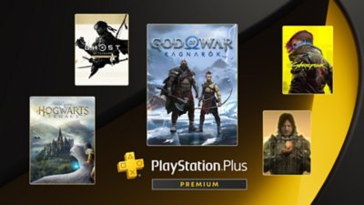 Image promoting a PlayStation Plus Premium offer, featuring the logo of PlayStation Plus Premium and five different games (Hogwarts Legacy, Ghost of Tsushima: Director's Cut, God of War: Ragnarök, Death Stranding: Director's Cut, Cyberpunk 2077) on a black and yellow PlayStation Plus background.