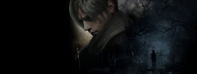 Resident Evil 4 Remake key art showing a silhouetted figure in a darkened, sparse woodland.