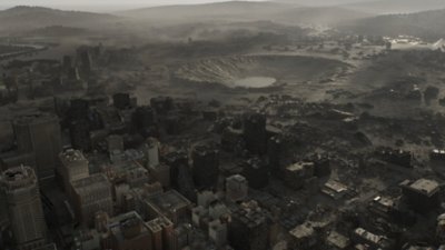 Capture d'écran de Resident Evil Requiem – un cratère géant dans les ruines de Raccoon City